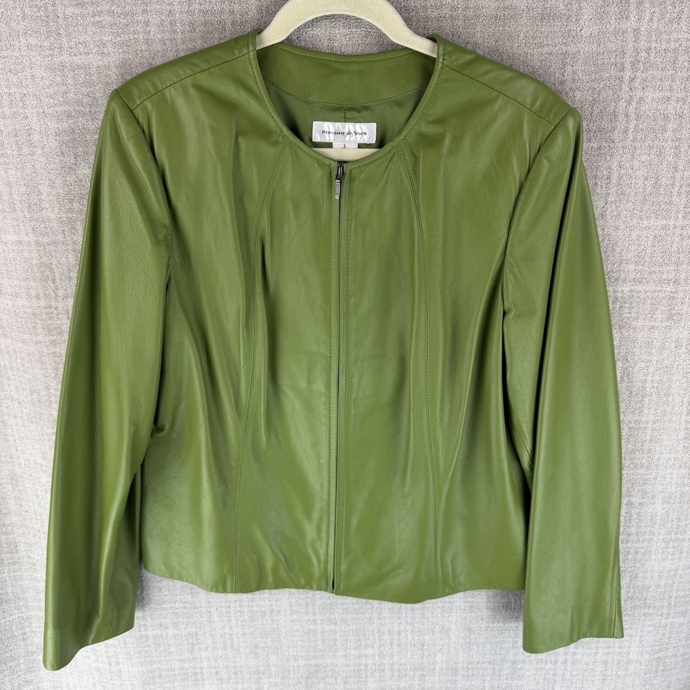 Preston & York Jacket Womens L Green Leather Collarless Full Zip Short